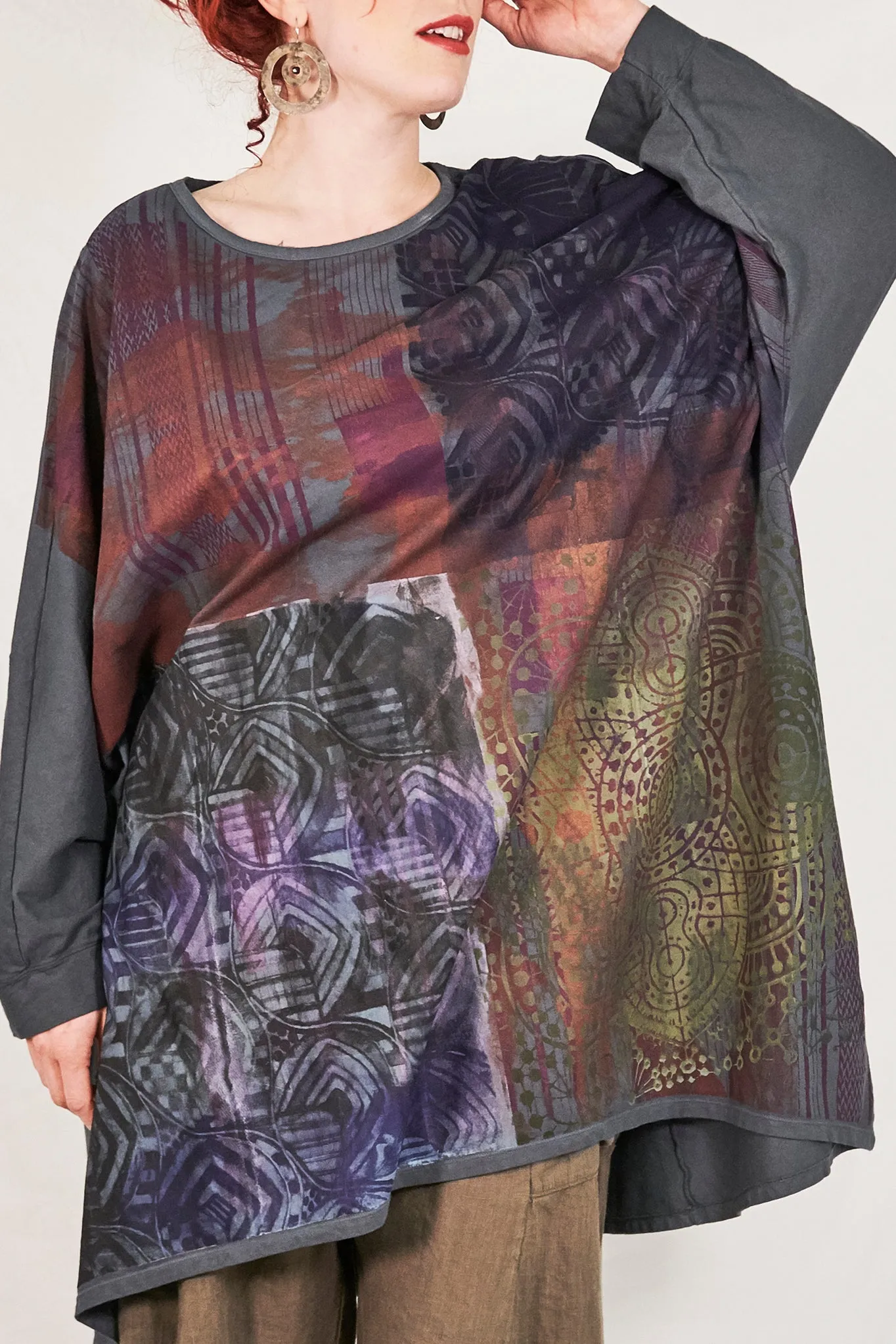 1258-Oversized Tunic Tee-Sea Grey-Multicolored Kaleidoscope