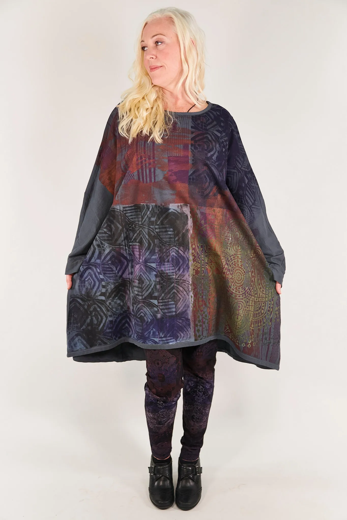 1258-Oversized Tunic Tee-Sea Grey-Multicolored Kaleidoscope