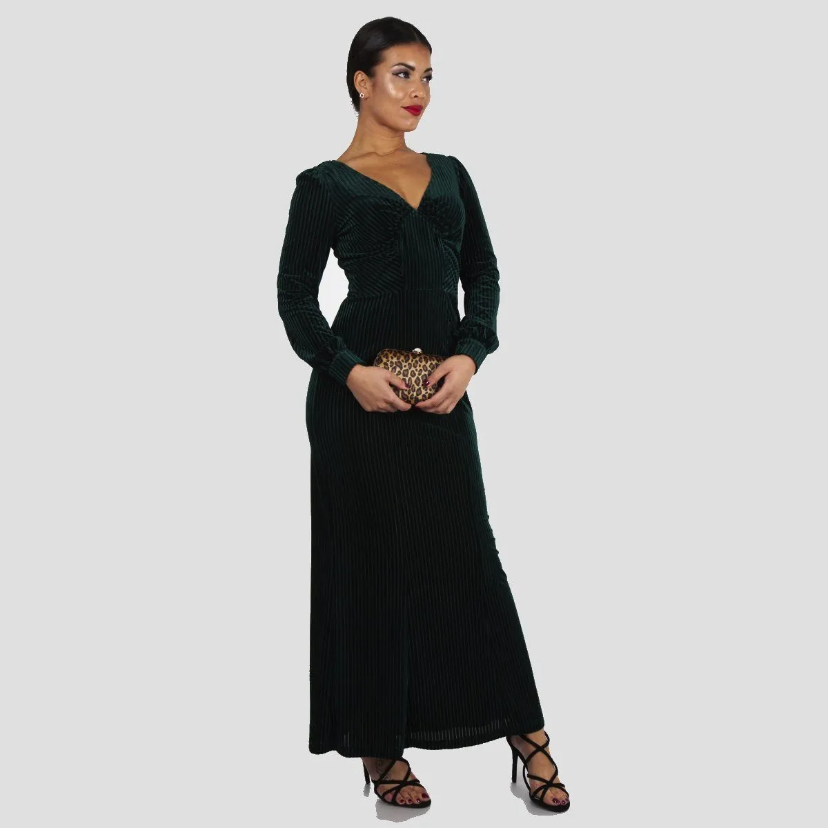 1930s Style Green Jewel Velvet Long Sleeve Maxi Dress
