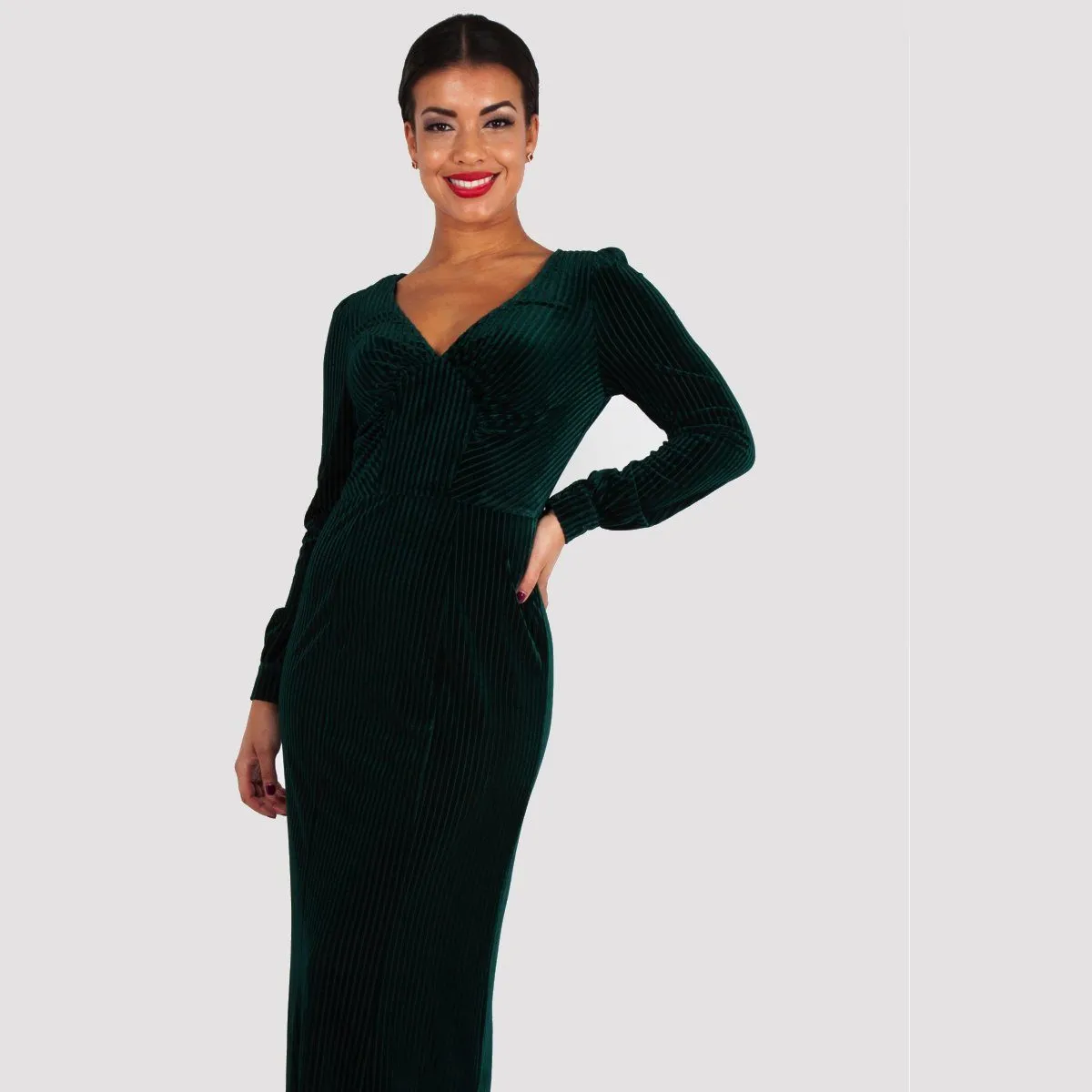 1930s Style Green Jewel Velvet Long Sleeve Maxi Dress