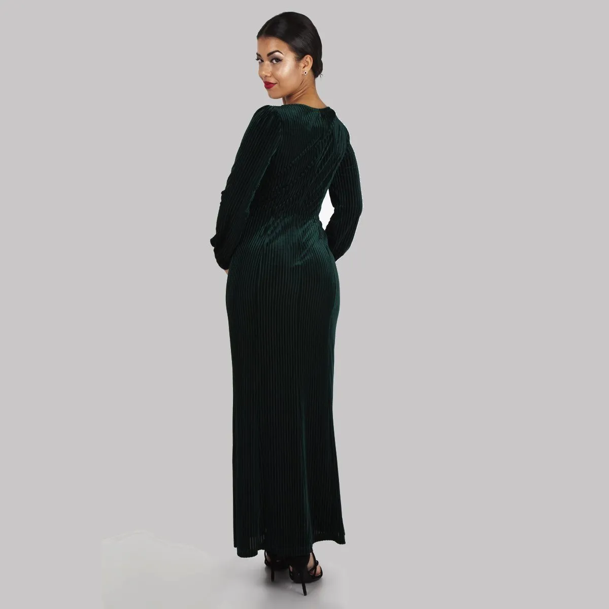 1930s Style Green Jewel Velvet Long Sleeve Maxi Dress
