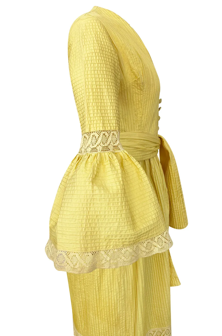 1960s Yellow Mexican Pin Tuck Dress w Extraordinary Bell Sleeve Detail