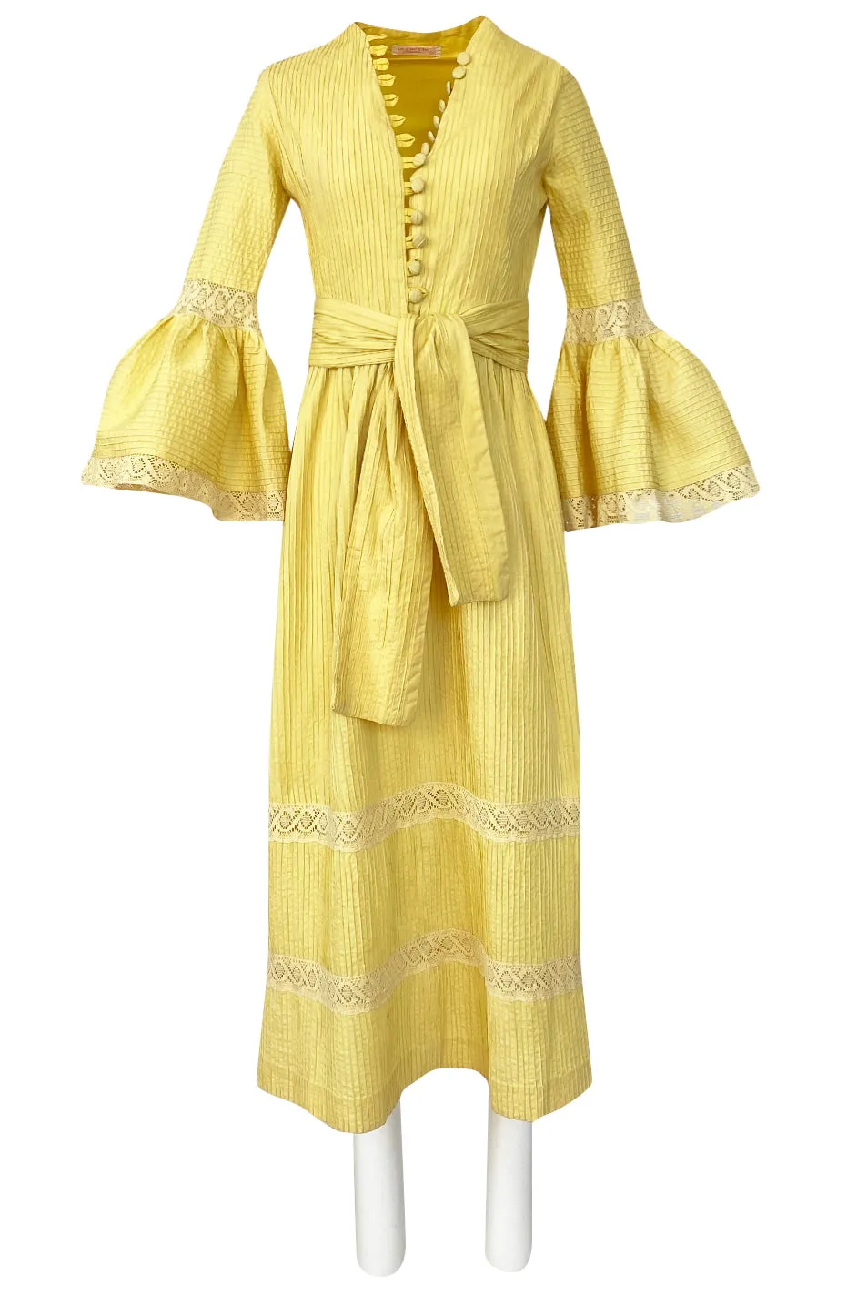 1960s Yellow Mexican Pin Tuck Dress w Extraordinary Bell Sleeve Detail