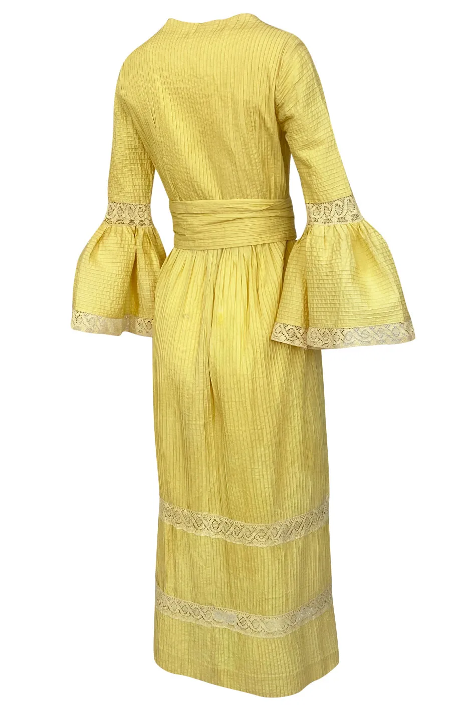 1960s Yellow Mexican Pin Tuck Dress w Extraordinary Bell Sleeve Detail