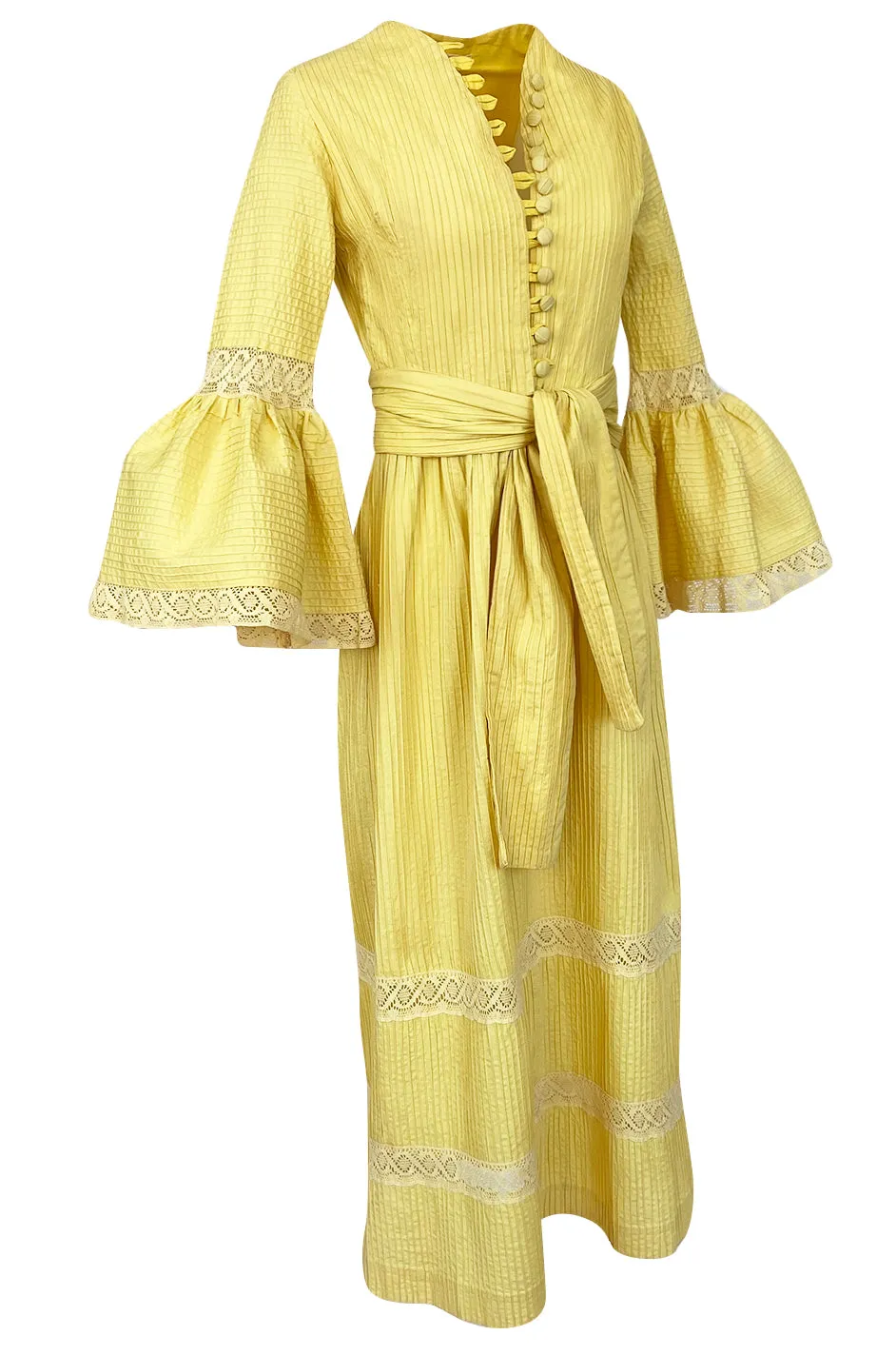 1960s Yellow Mexican Pin Tuck Dress w Extraordinary Bell Sleeve Detail