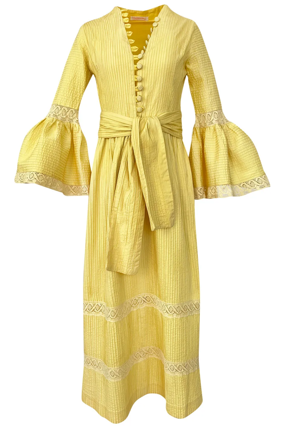 1960s Yellow Mexican Pin Tuck Dress w Extraordinary Bell Sleeve Detail