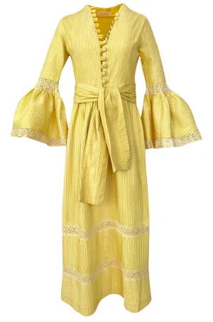 1960s Yellow Mexican Pin Tuck Dress w Extraordinary Bell Sleeve Detail