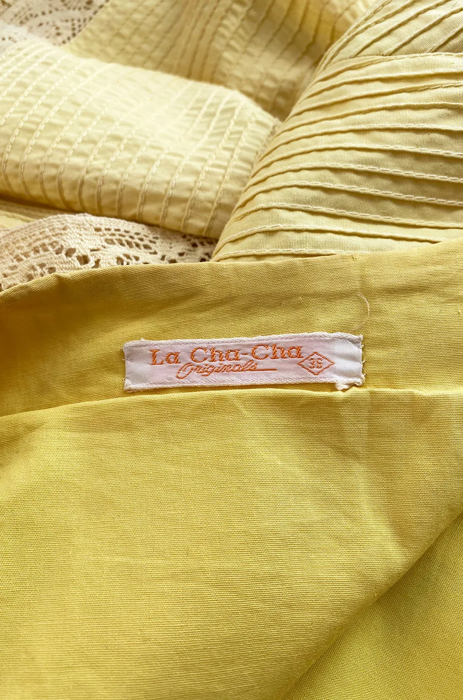 1960s Yellow Mexican Pin Tuck Dress w Extraordinary Bell Sleeve Detail