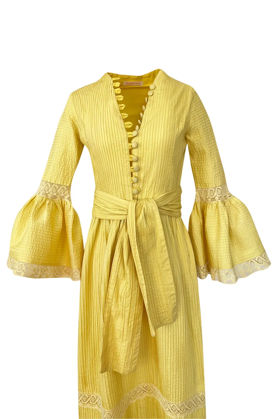 1960s Yellow Mexican Pin Tuck Dress w Extraordinary Bell Sleeve Detail
