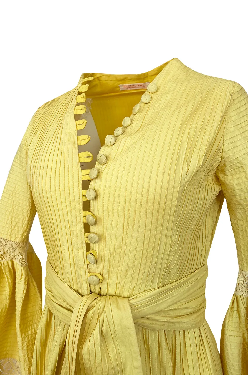 1960s Yellow Mexican Pin Tuck Dress w Extraordinary Bell Sleeve Detail