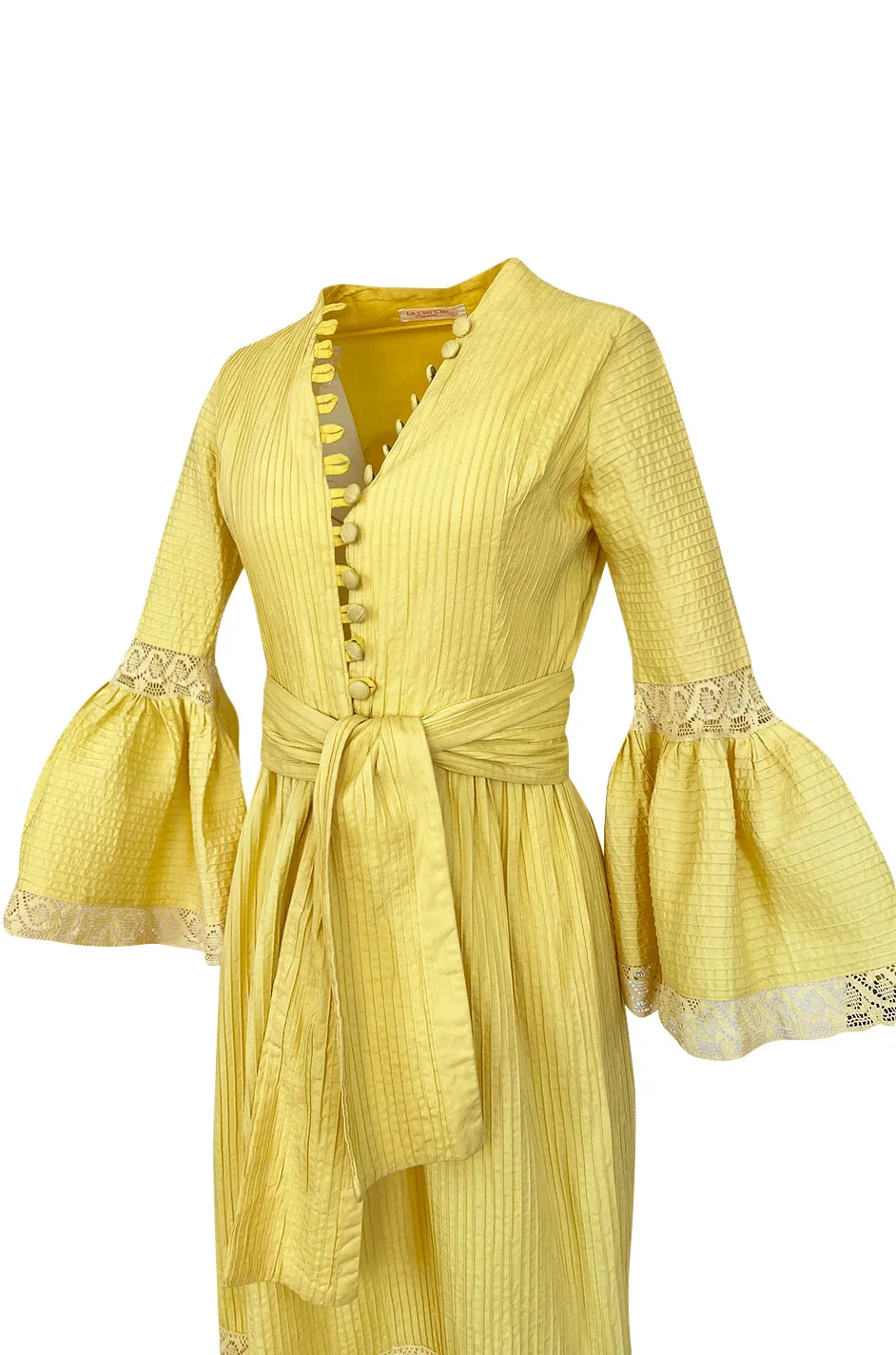 1960s Yellow Mexican Pin Tuck Dress w Extraordinary Bell Sleeve Detail