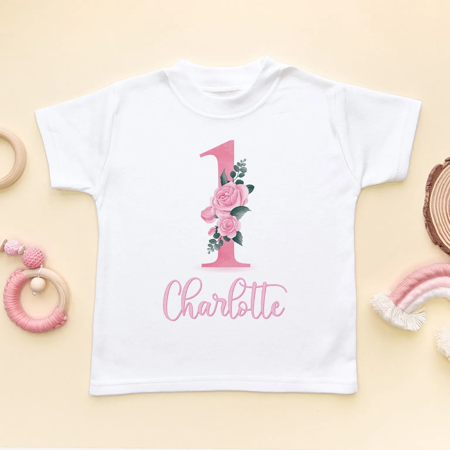 1st Birthday Pink Floral Personalised Toddler & Kids T Shirt