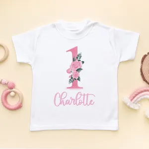 1st Birthday Pink Floral Personalised Toddler & Kids T Shirt