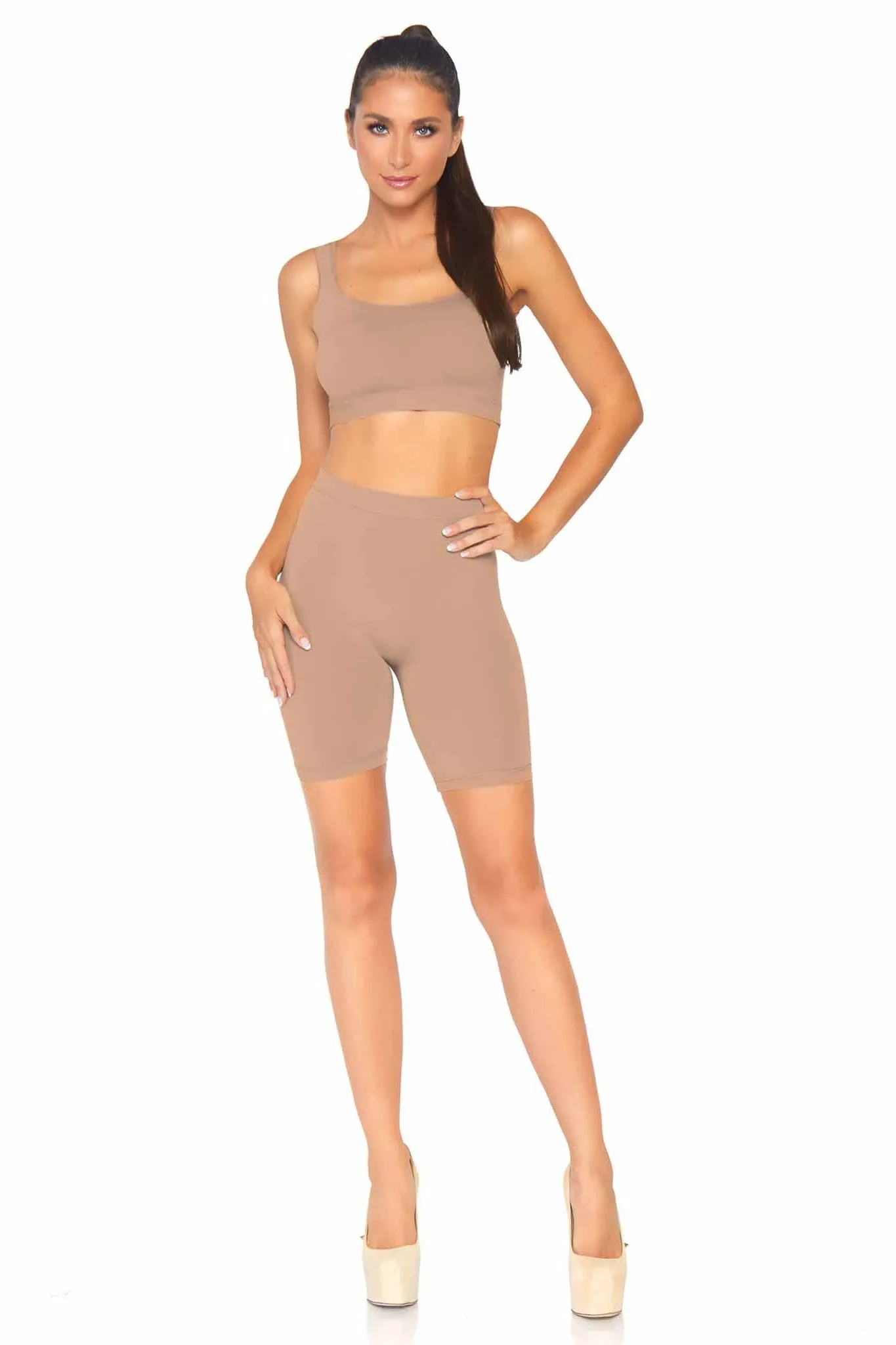 2 Piece Seamless Opaque Spandex Crop Tank And Bike Shorts
