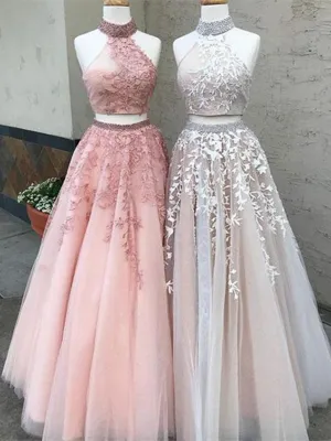 2 Pieces Champagne/Pink Lace Prom Dress, 2 Pieces Lace Formal Dress, 2 Pieces Lace Graduation Dress