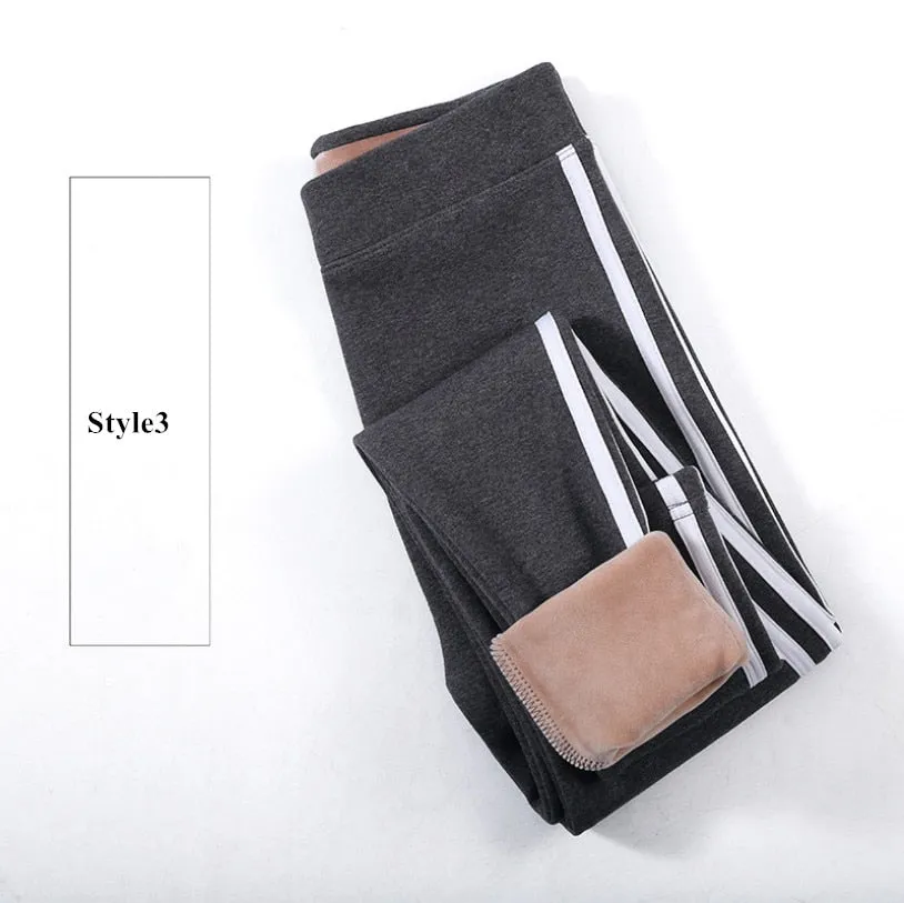 2020 Autumn Winter Cotton Velvet Leggings Women High Waist Side Stripes Sporting Fitness Leggings Pants Warm Thick Leggings