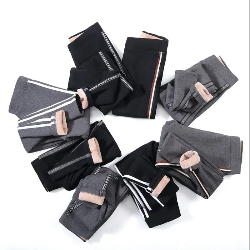 2020 Autumn Winter Cotton Velvet Leggings Women High Waist Side Stripes Sporting Fitness Leggings Pants Warm Thick Leggings