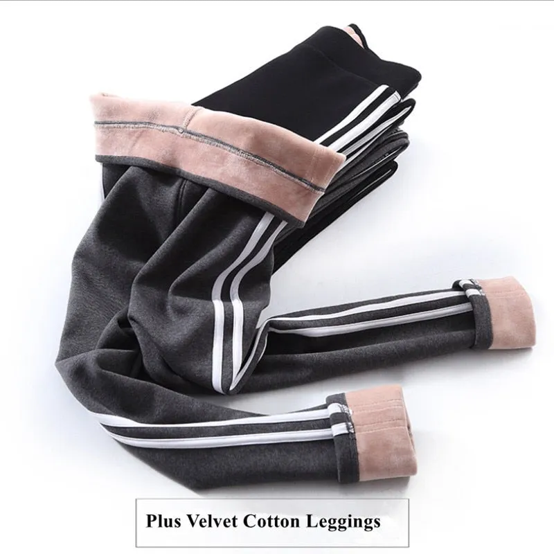 2020 Autumn Winter Cotton Velvet Leggings Women High Waist Side Stripes Sporting Fitness Leggings Pants Warm Thick Leggings