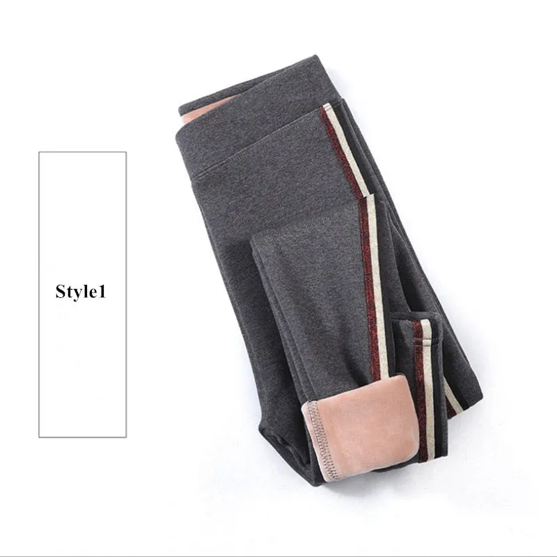 2020 Autumn Winter Cotton Velvet Leggings Women High Waist Side Stripes Sporting Fitness Leggings Pants Warm Thick Leggings
