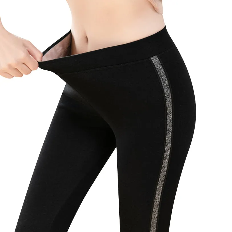 2020 Autumn Winter Cotton Velvet Leggings Women High Waist Side Stripes Sporting Fitness Leggings Pants Warm Thick Leggings