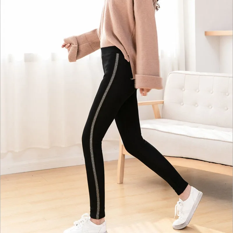 2020 Autumn Winter Cotton Velvet Leggings Women High Waist Side Stripes Sporting Fitness Leggings Pants Warm Thick Leggings