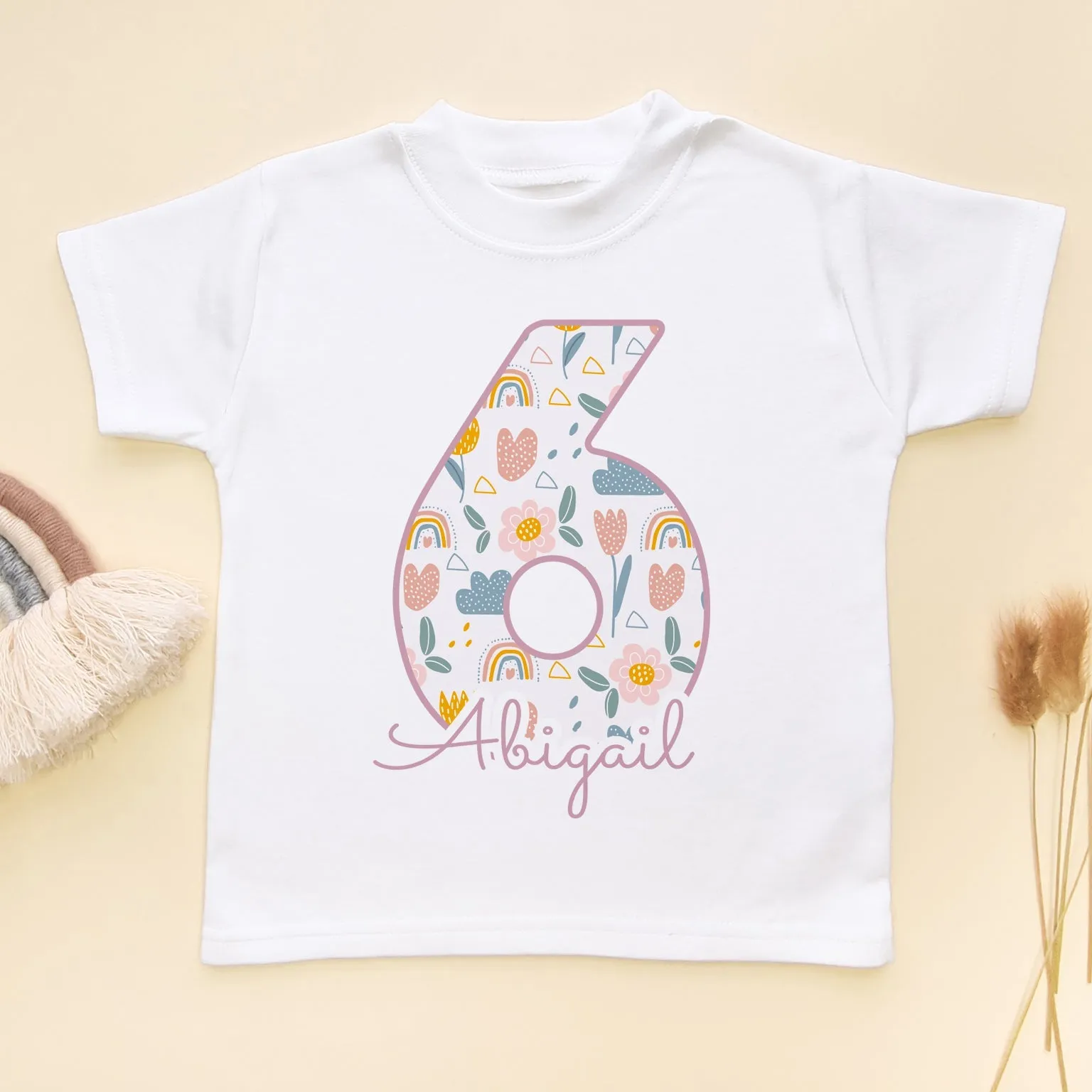 6th Birthday Boho Rainbow Theme Personalised Kids T Shirt