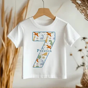 7th Birthday Dinosaur Pattern Personalised Kids T Shirt