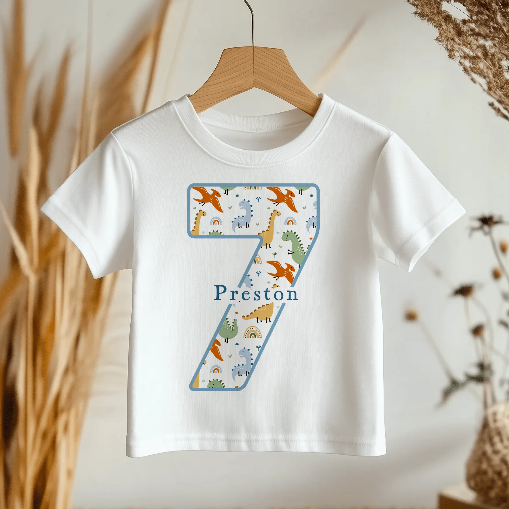 7th Birthday Dinosaur Pattern Personalised Kids T Shirt