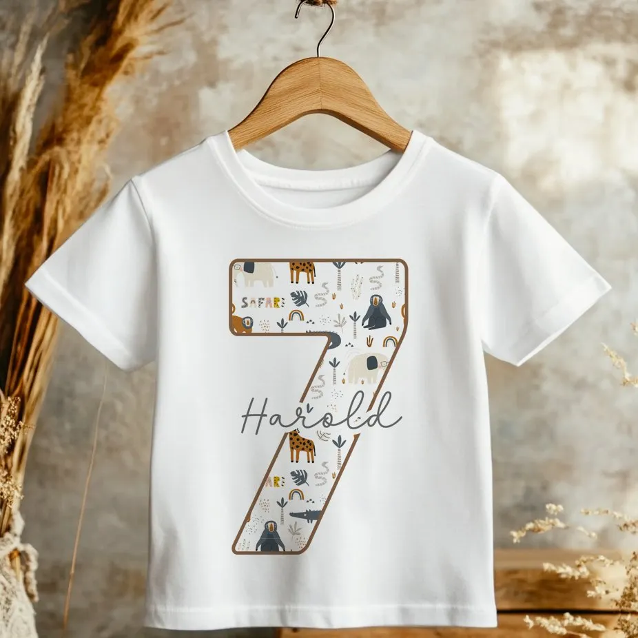 7th Birthday Safari Animals Theme Personalised Kids T Shirt