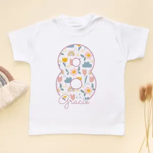 8th Birthday Boho Rainbow Theme Personalised Kids T Shirt