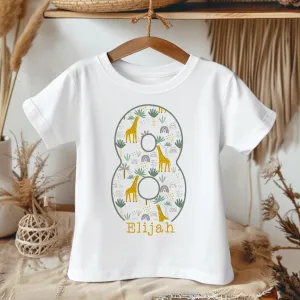 8th Birthday Giraffe Theme Personalised Kids T Shirt