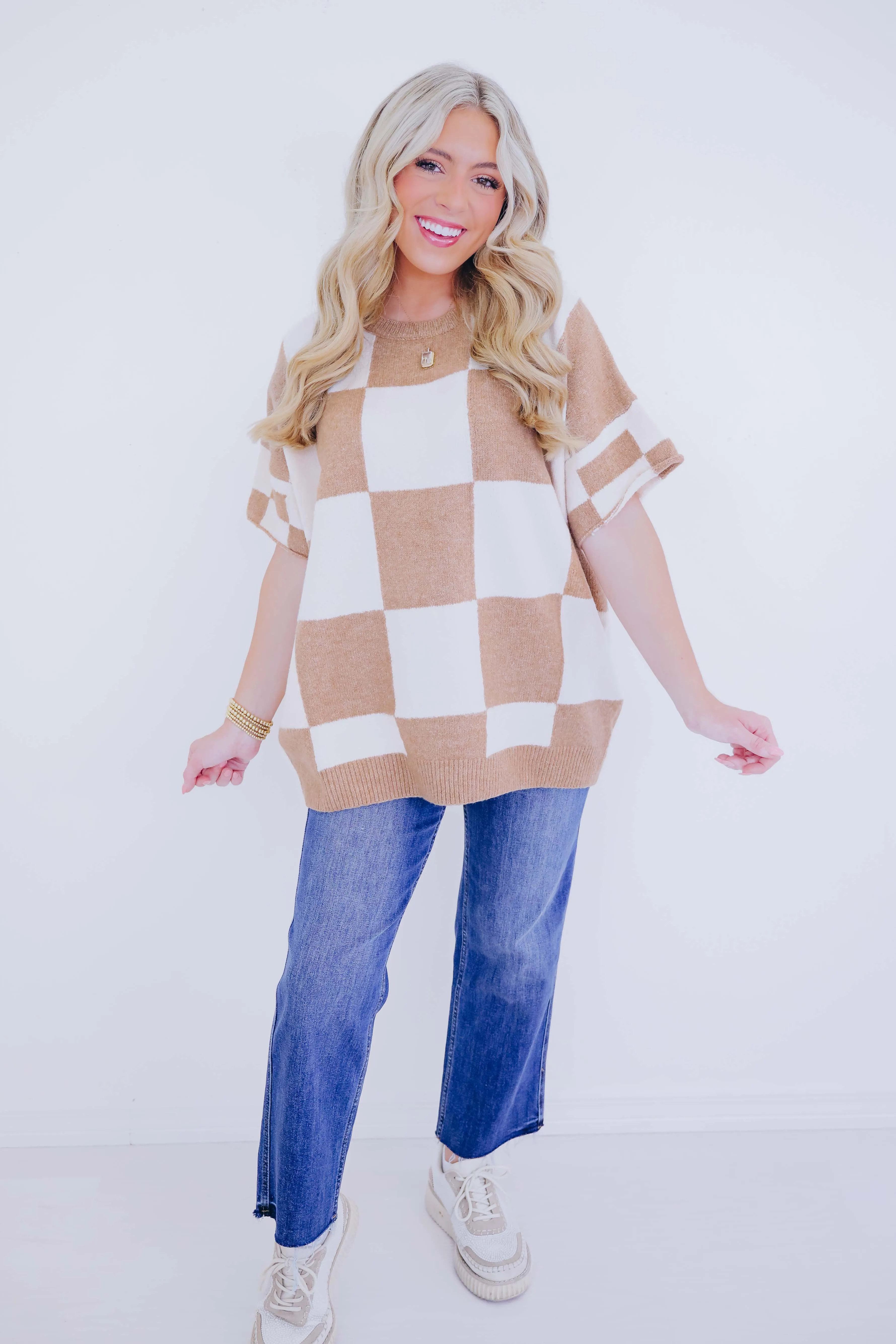 A Bit Checkered Short Sleeve Sweater - 2 Colors
