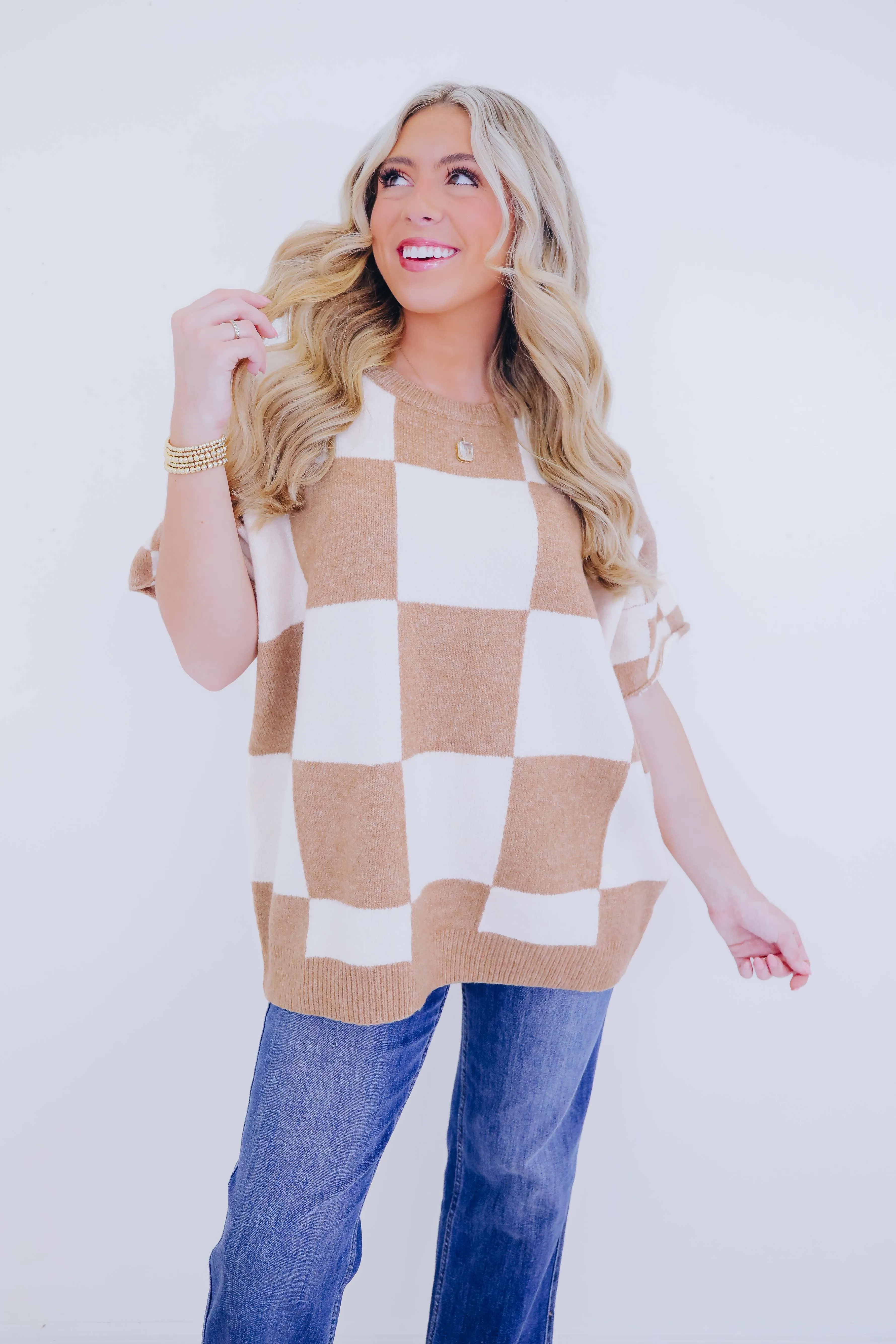 A Bit Checkered Short Sleeve Sweater - 2 Colors