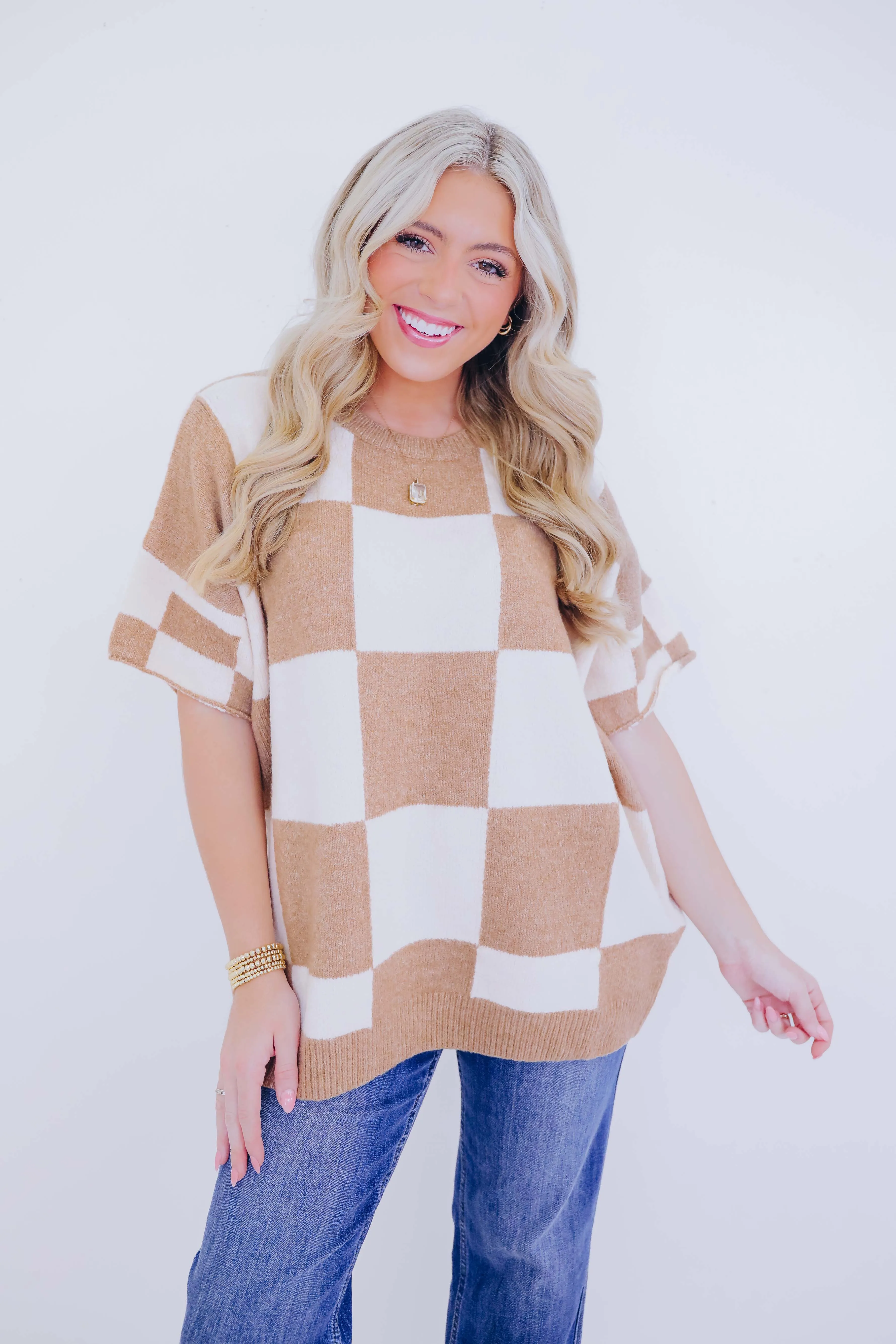 A Bit Checkered Short Sleeve Sweater - 2 Colors