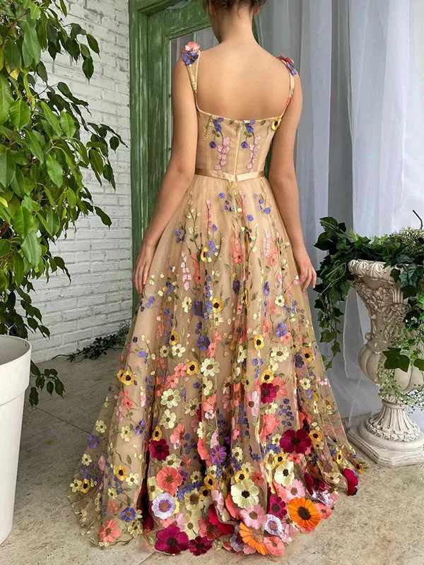 A Line Elegant Champagne Long Prom Dress With 3D Flowers, Sweetheart Neck Champagne Long Formal Evening Dresses