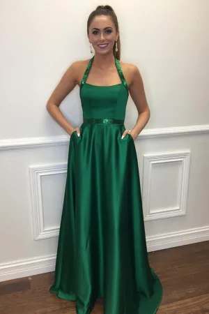 A Line Halter Neck Green Long Prom Dresses with Pocket, Halter Neck Green Formal Dresses, Green Evening Dresses