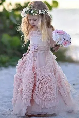 A Line Long Hand-Made Flower Chiffon Flower Girl Dresses  OHR030