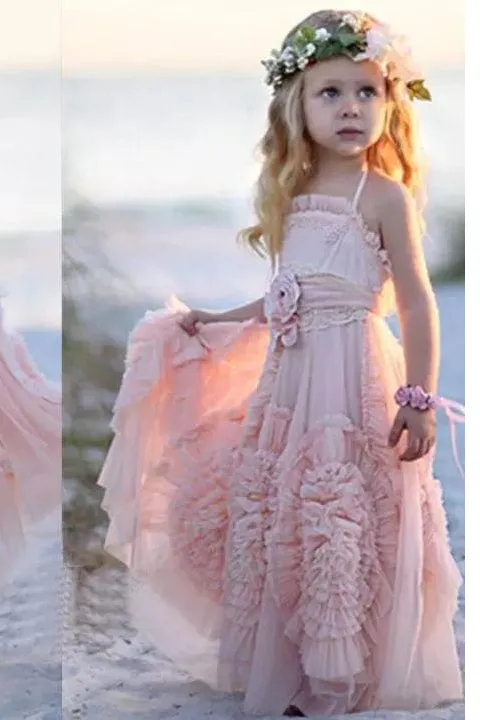 A Line Long Hand-Made Flower Chiffon Flower Girl Dresses  OHR030