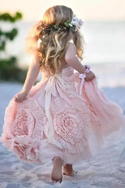 A Line Long Hand-Made Flower Chiffon Flower Girl Dresses  OHR030