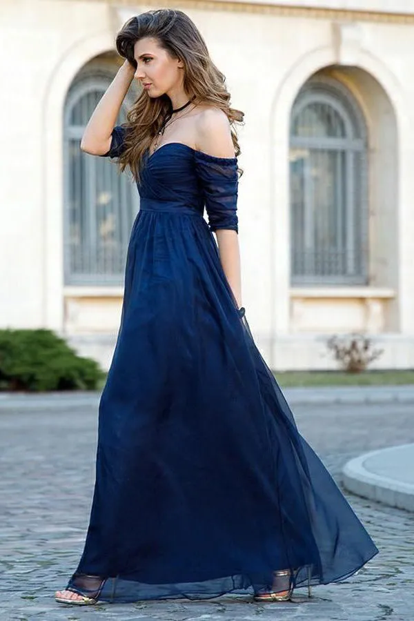 A Line Off The Shoulder Floor Length Half Sleeve Tulle Romantic Bridesmaid Dresses with Ruffles OHS130