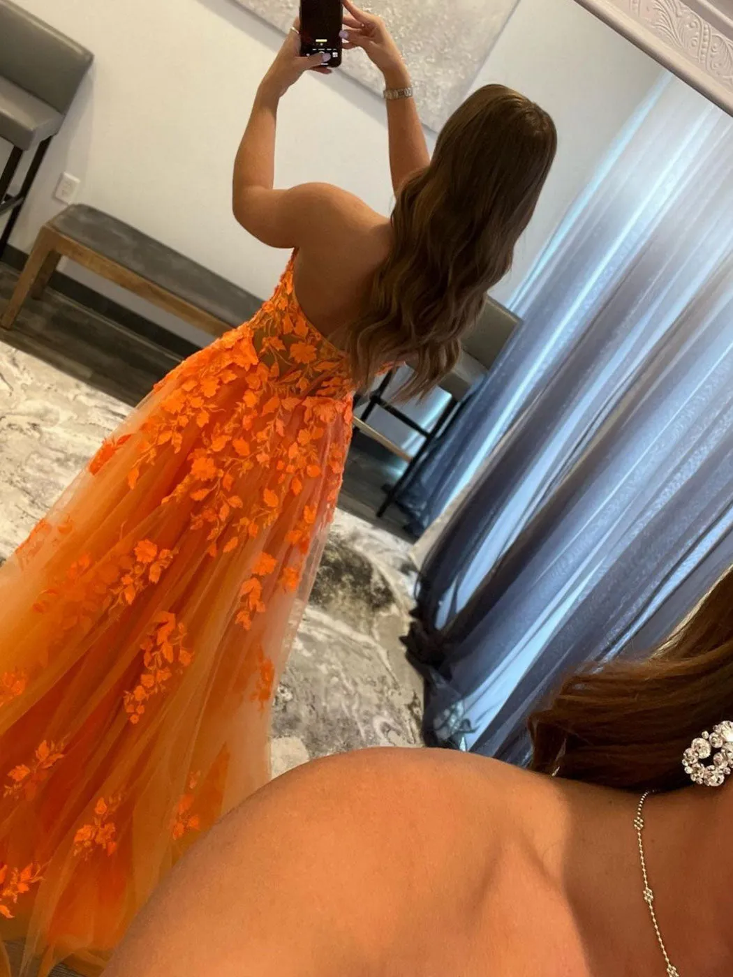 A Line Orange Long Prom Dress, Lace Tulle Orange Graduation Dresses