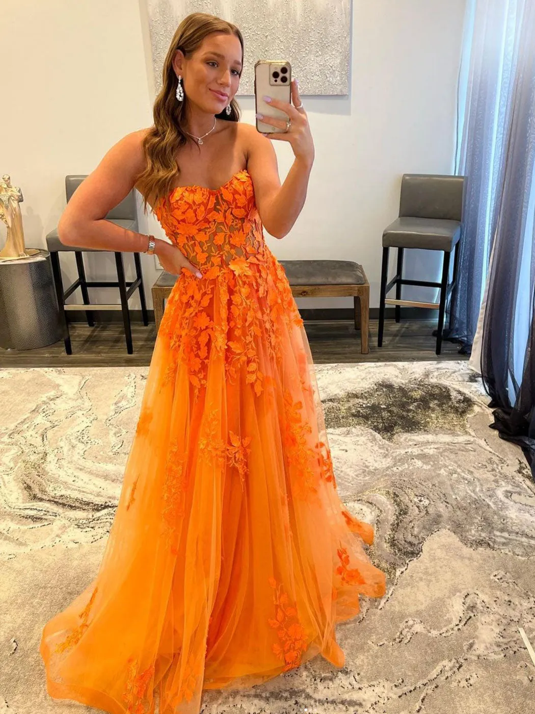 A Line Orange Long Prom Dress, Lace Tulle Orange Graduation Dresses