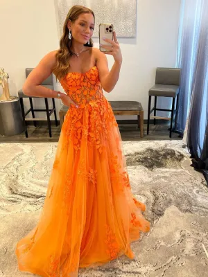 A Line Orange Long Prom Dress, Lace Tulle Orange Graduation Dresses