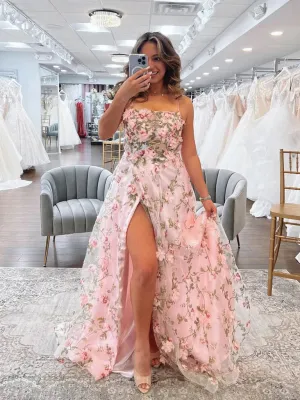 A Line Pink Floral Long Prom Dresses with High Slit, Long Pink Formal Graduation Evening Dresses with 3D Flowers