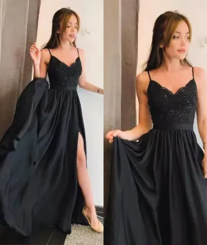 A Line Spaghetti Straps Black Lace Long Prom Dress with Leg Slit, Black Lace Formal Dress, Graduation Dress