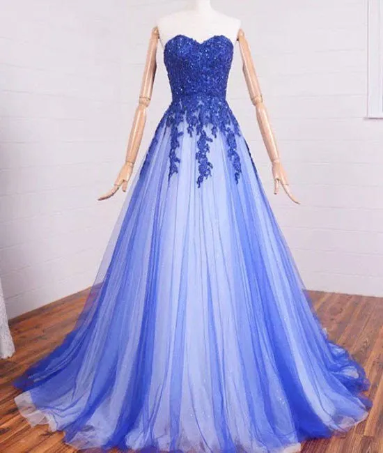 A Line Sweetheart Lace Tulle Long Prom Dresses, Tulle Formal Dresses, Lace Evening Dresses