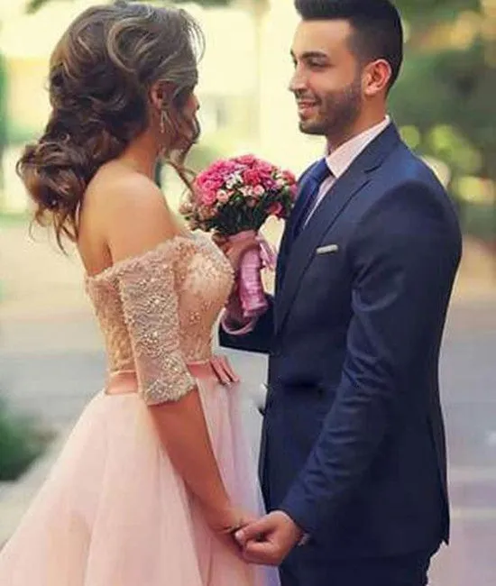 A Line Sweetheart Neck Beaded Lace Pink Prom Dresses, Lace Pink Formal Dresses