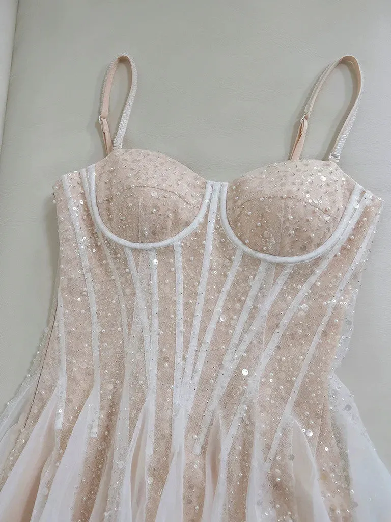 A Line Sweetheart Neck Sequin Champagne Short Tulle Prom Dresses, Cute Knee Length Sequin Champagne Formal Evening Homecoming Dresses