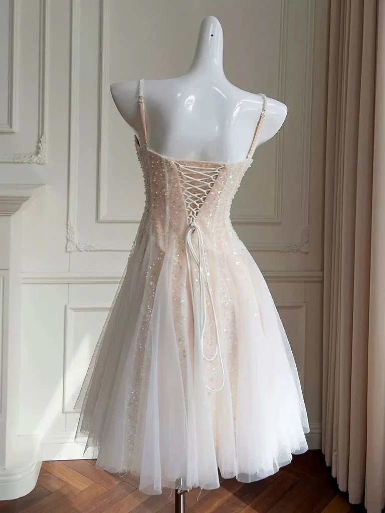 A Line Sweetheart Neck Sequin Champagne Short Tulle Prom Dresses, Cute Knee Length Sequin Champagne Formal Evening Homecoming Dresses
