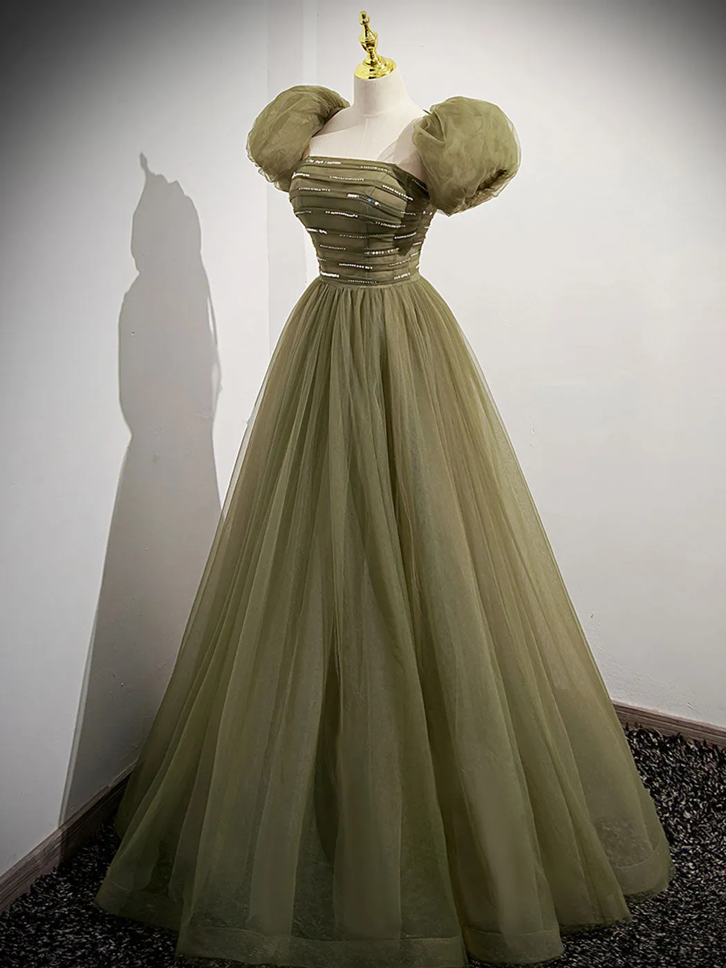 A line tulle sequin long prom dress green tulle formal dress